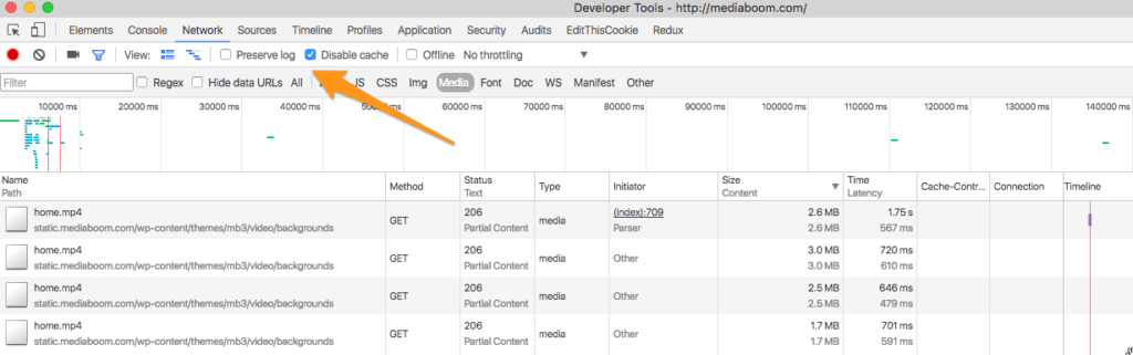 "Disable Cache" is checked in Chrome Developer Tools