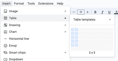 Creating a table in a Google Doc by clicking the Insert Menu, then choosing Table, and then selecting a 2x5 table